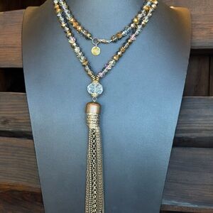 Fabulina Designs Multicolor AB Beads Antiqued Bronze Tassel Drop Necklace